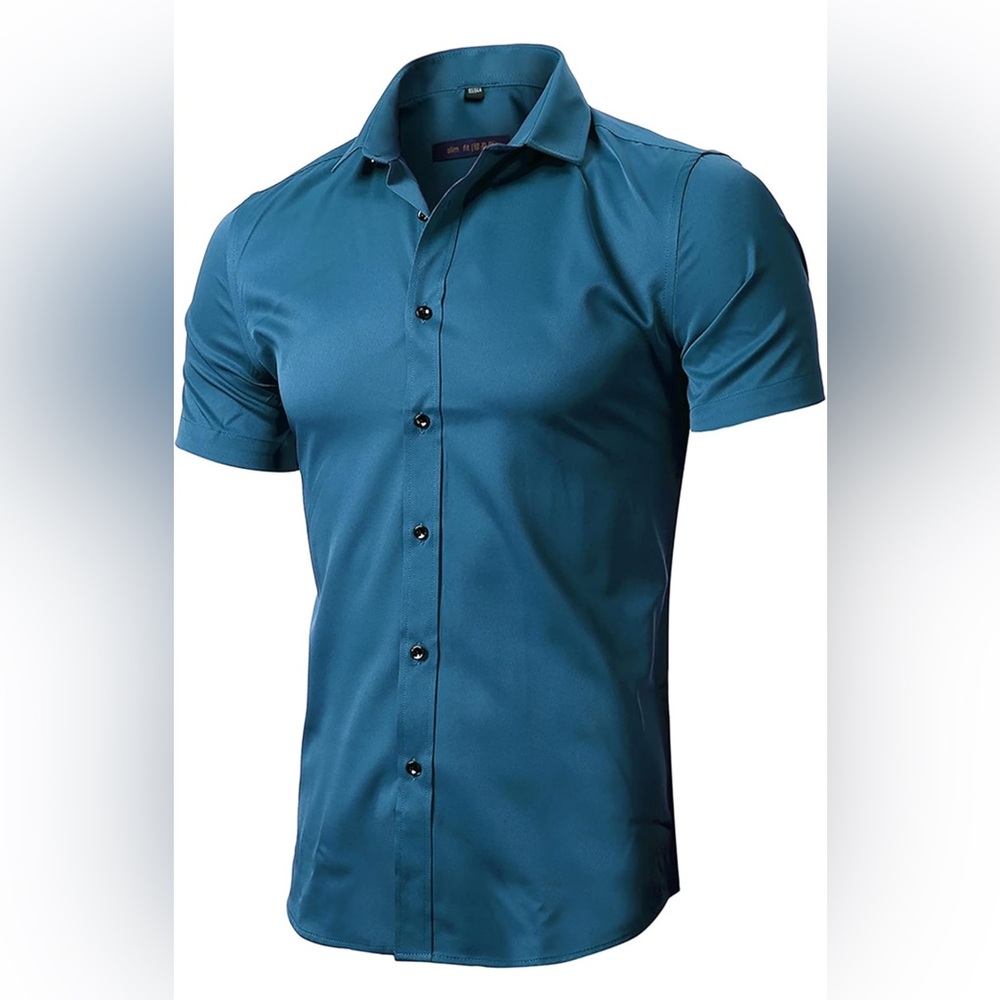 Casual Button Up Fitted Collar Formal Short Sleeves Dress Shirt Dark Teal Large